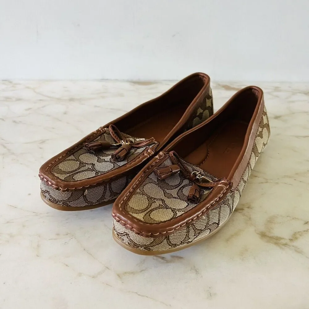 COACH Khaki Saddle Greenwich Signature Jacquard Logo Print Loafer - US 7